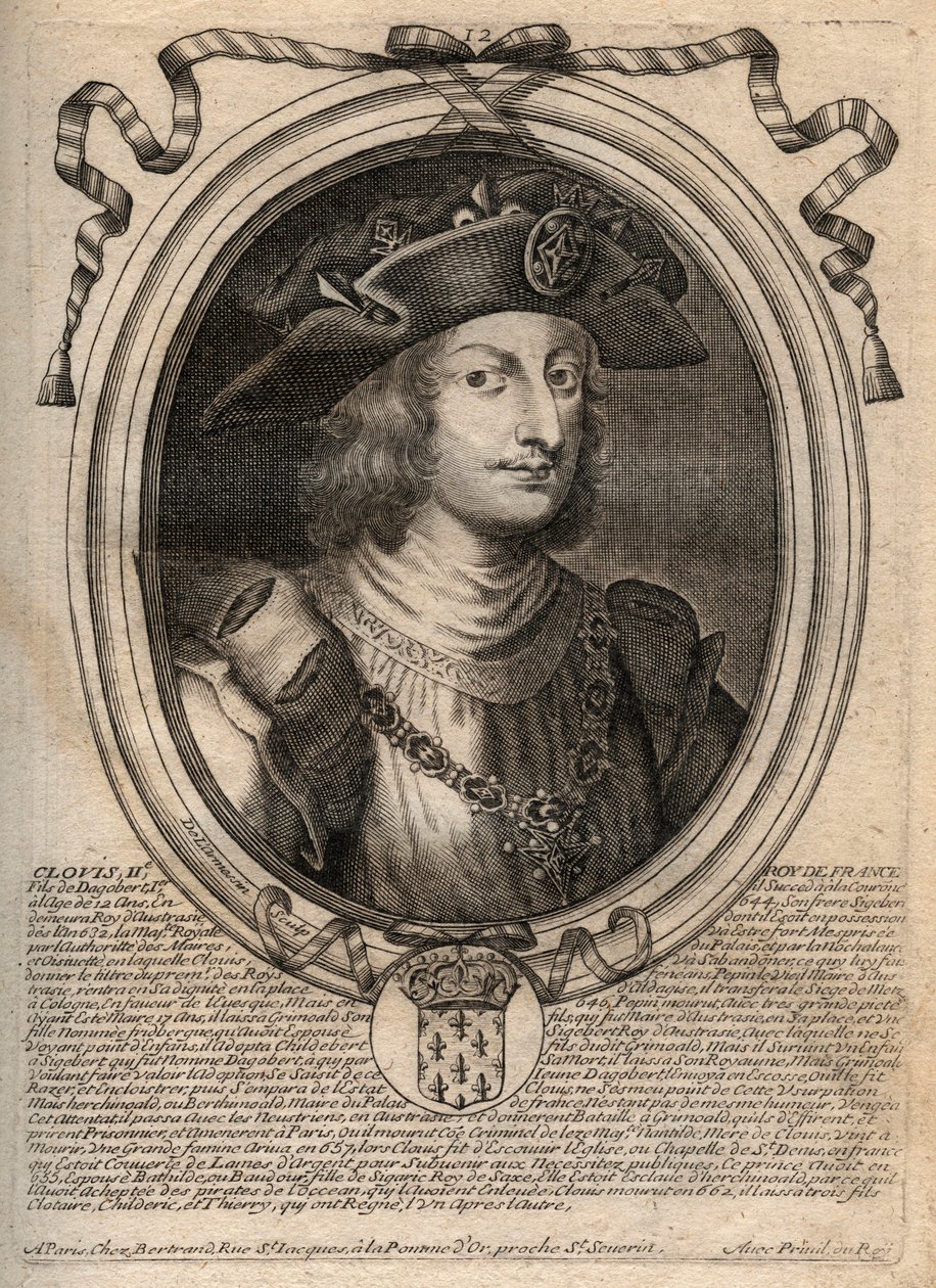Ritratto di Clodoveo II, Re dei Franchi (c.634-657) - incisione da 