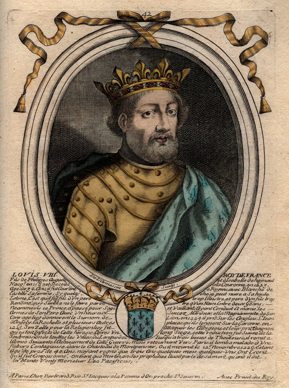 Ritratto di Luigi VIII (1187-1226), re di Francia - Luigi VIII (1187-1226) re di Francia - Incisione da "Les Augustes Representations de tous les Rois de France depuis Pharamond à Louis XIV", Parigi da de Larmessin