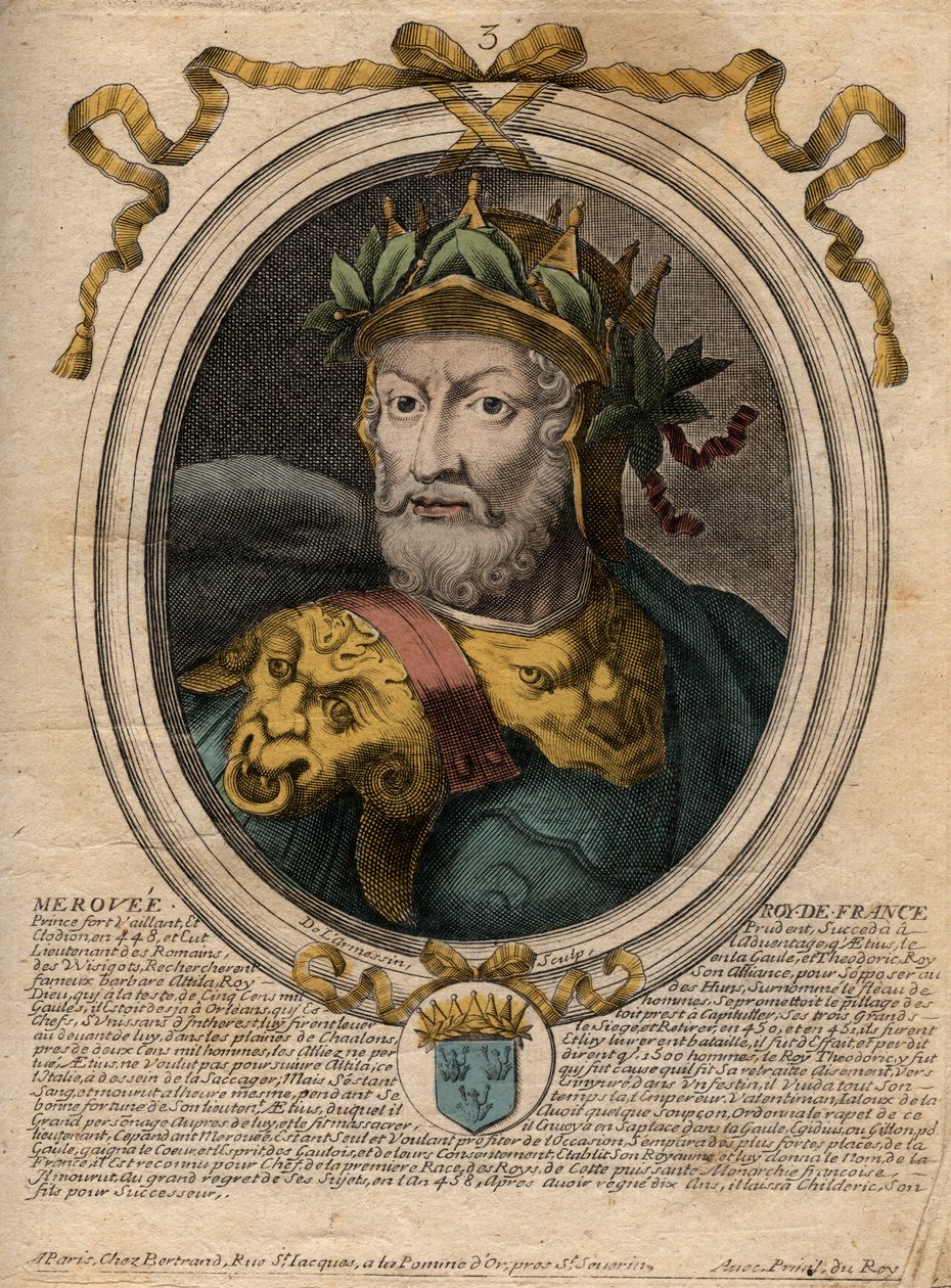 Ritratto di Meroveo (ca. 448-458), primo re della dinastia merovingia - Incisione da 