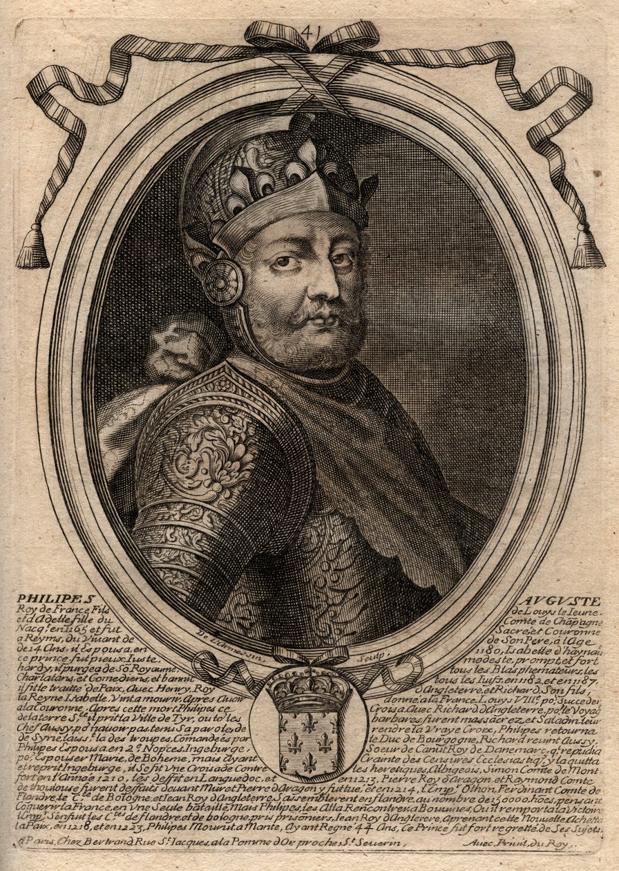 Ritratto di Filippo II detto Filippo Augusto (1165-1223) - Filippo Augusto II (1165-1223) Re di Francia - incisione da 
