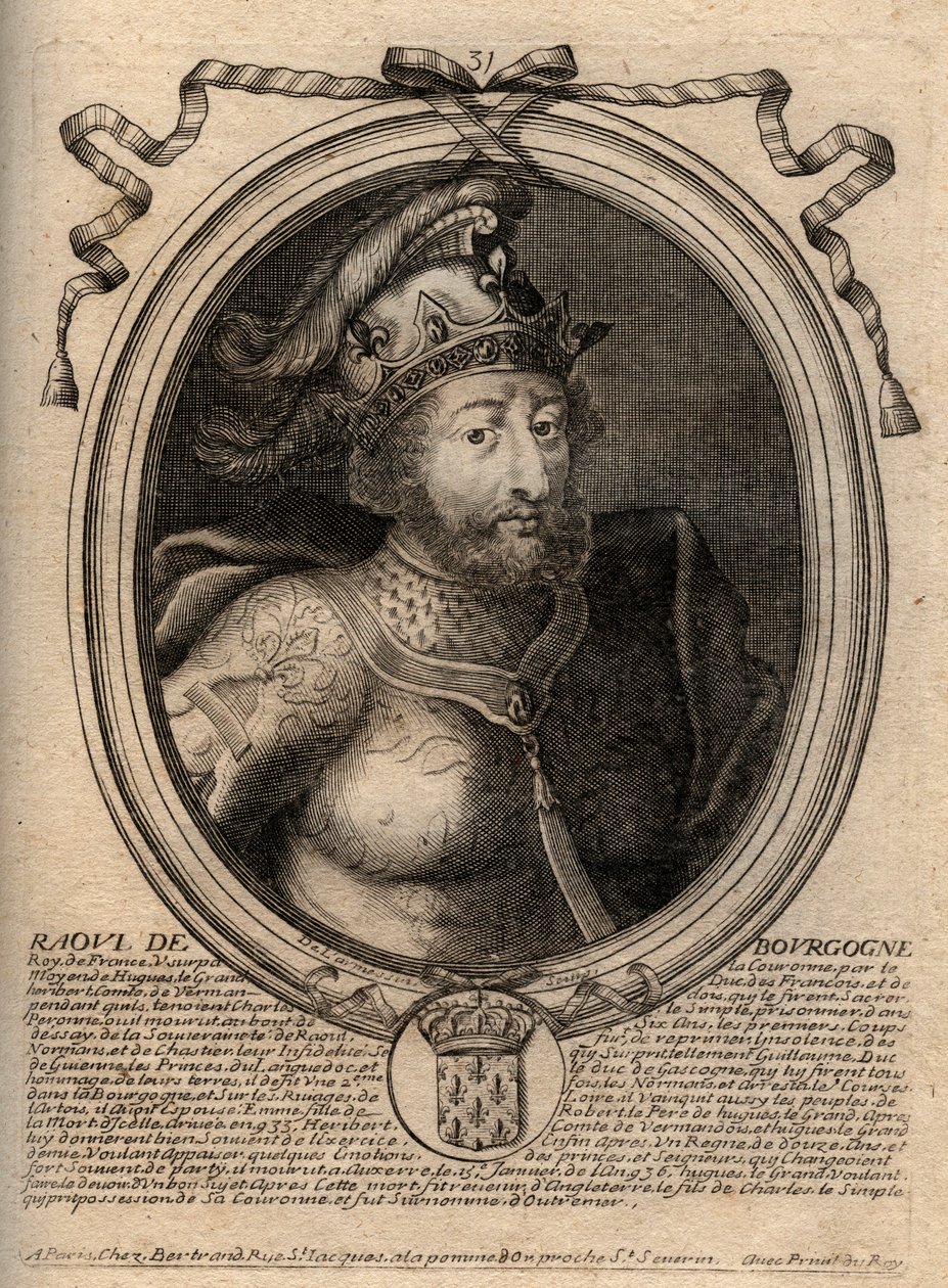 Ritratto di Raoul di Francia (o Rodolfo, c. 890-936) re dei Franchi - Rodolfo (Raoul, Rodolphe) di Borgogna, re di Francia (923-936) - Incisione da 