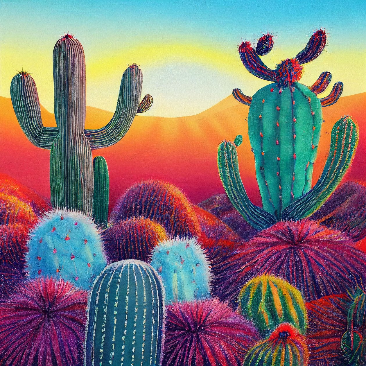 Un dipinto vibrante: Tramonto sugli altipiani di cactus, arte da parete da F. Abderrahim