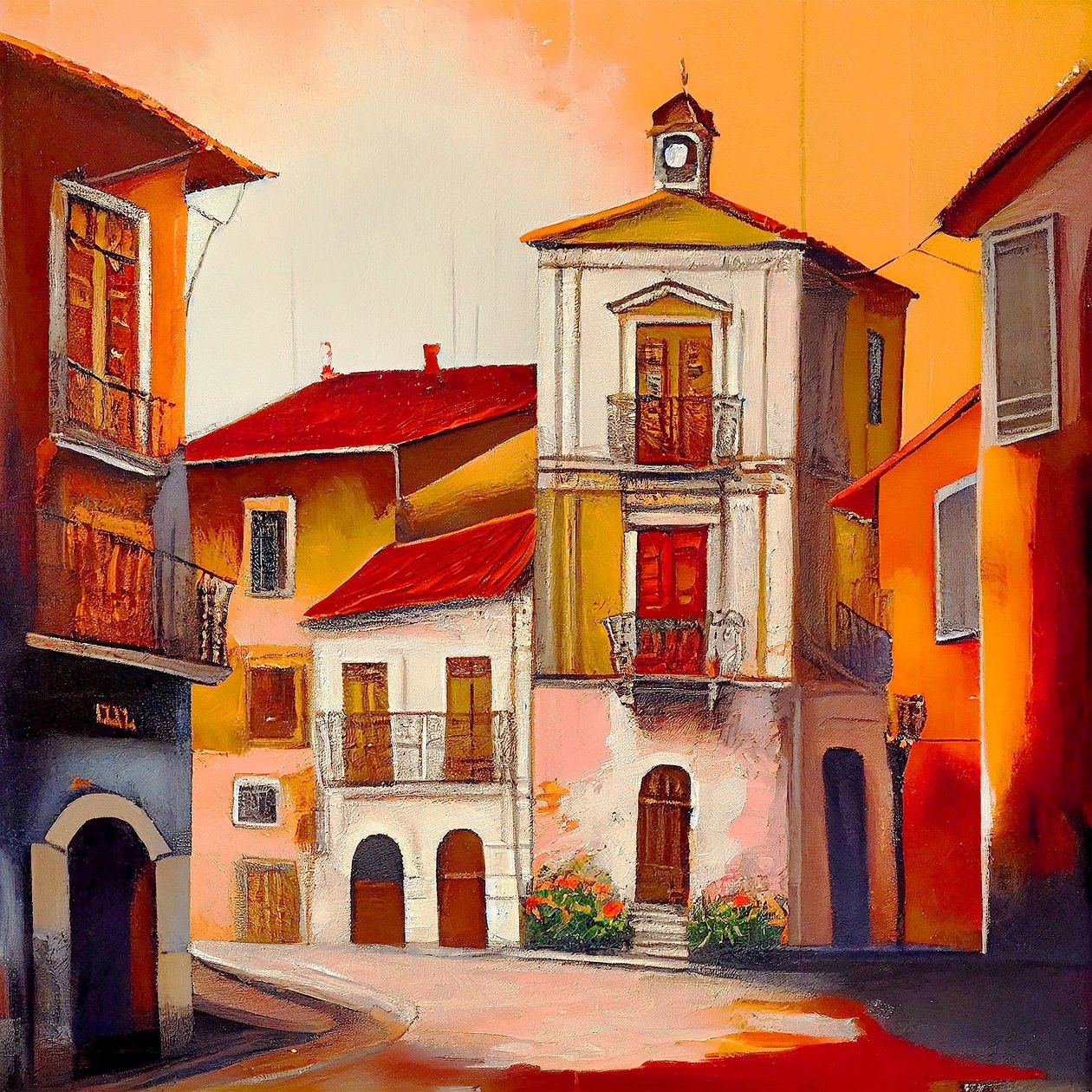 Bellissimi dipinti vintage di un vecchio villaggio in toni caldi da F. Abderrahim