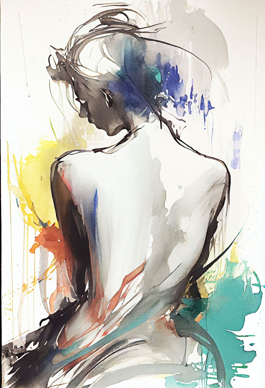 Disegno ad acquerello che ritrae una donna seduta di spalle da F. Abderrahim
