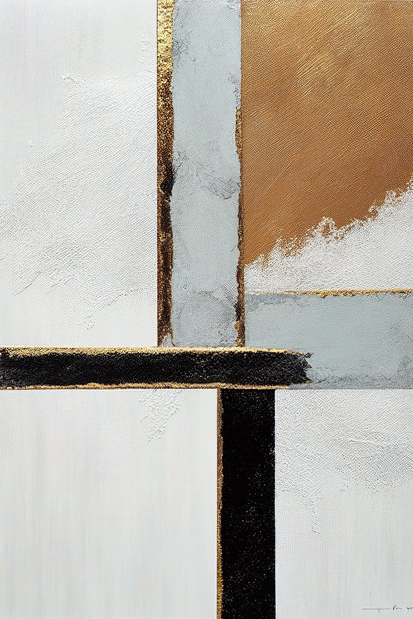 Bianco e nero, linee astratte dorate, Arte su tela stampabile da F. Abderrahim