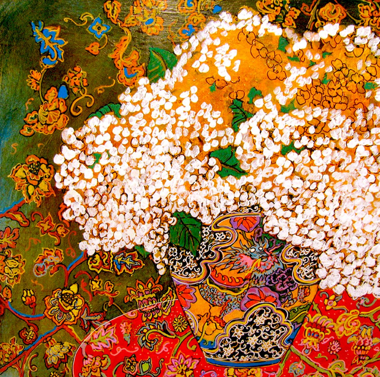 Fiori in vaso cinese, 2016 (misto, acrilico, inchiostro, olio) da linda arthurs