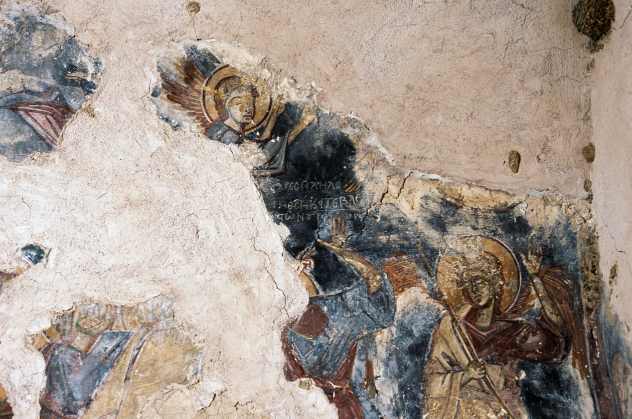 Angelo e santo, dettaglio di un affresco nella chiesa di Agios Georgios Apodoulou, Apodoulou, Creta, Grecia (foto) da Theodore Charles Ange Coquelin