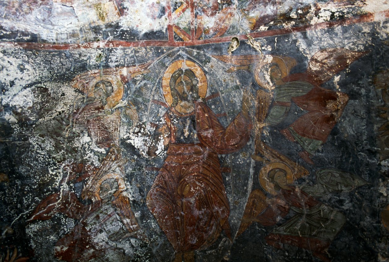 Cristo con angeli e santo, affresco nella chiesa di Panagia, Kitiros, Creta, Grecia (foto) da Theodore Charles Ange Coquelin