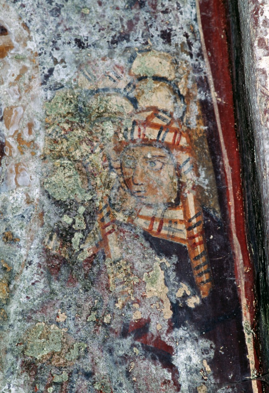 Figura maschile con copricapo, affresco danneggiato nella chiesa di Metamorphosis Sotiros, Voutas, Creta, Grecia da Theodore Charles Ange Coquelin