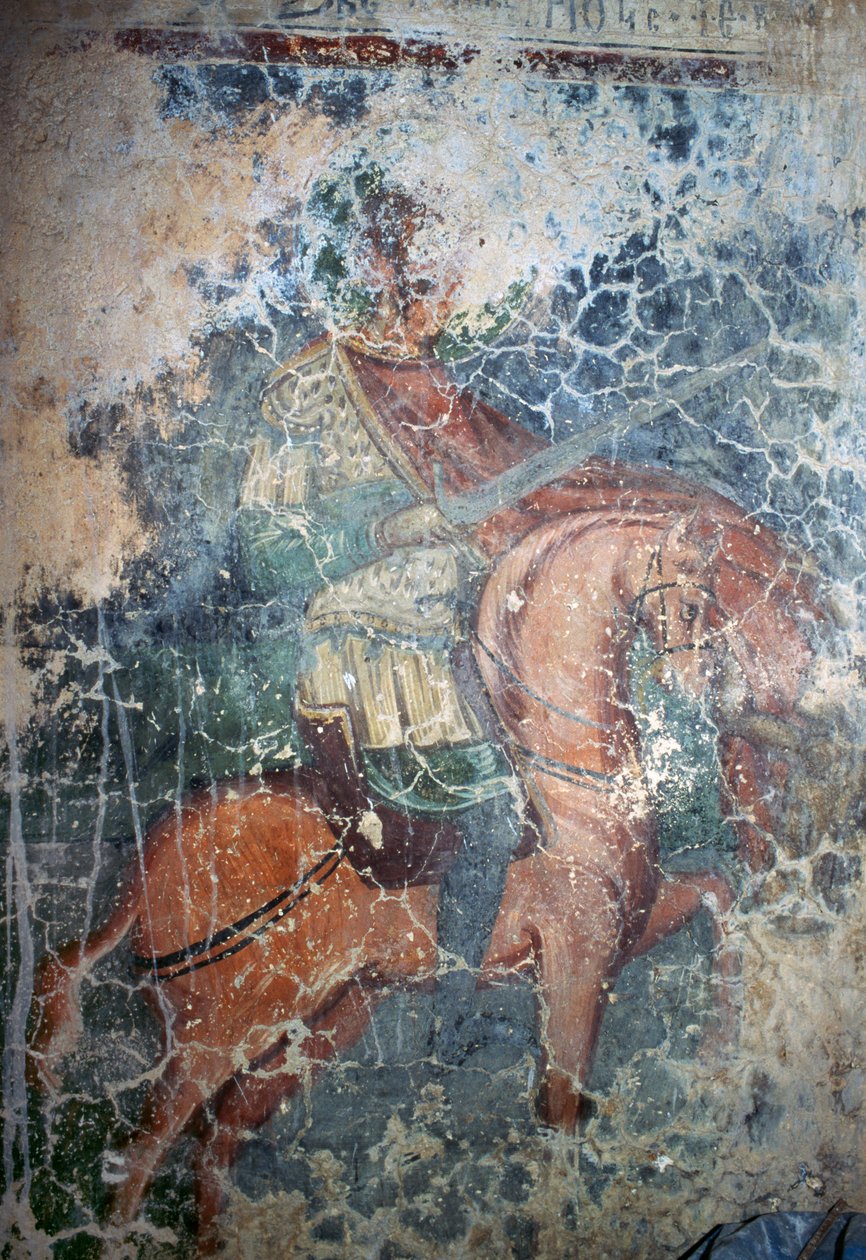 Uomo a cavallo con spada, affresco nella chiesa bizantina di Agios Athanasios, Kefali, Creta, Grecia da Theodore Charles Ange Coquelin