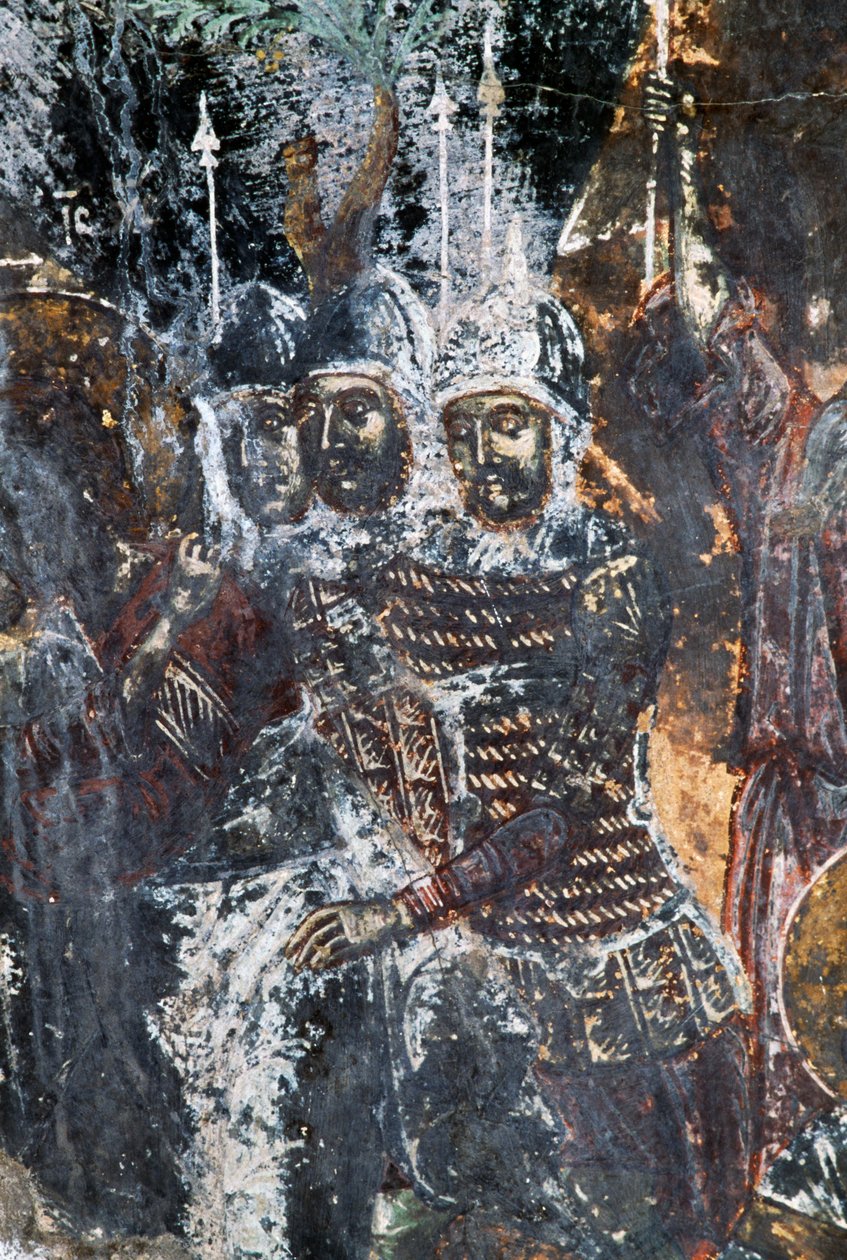 Soldato, affresco danneggiato sul soffitto della chiesa di Agios Vasileios, Vavouledo, Creta, Grecia da Theodore Charles Ange Coquelin