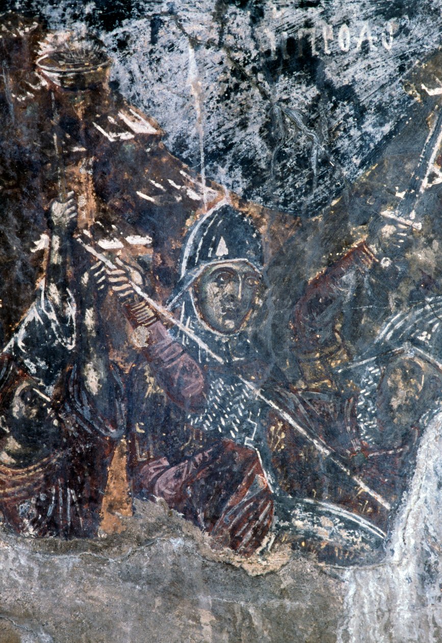 Soldato, affresco danneggiato sul soffitto della chiesa di Agios Vasileios, Vavouledo, Creta, Grecia da Theodore Charles Ange Coquelin