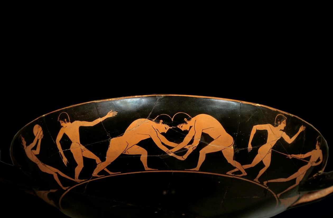 Coppa attica con figure rosse che rappresentano atleti in allenamento, un discobolo e lottatori. Pittura attribuita al Pittore di Euergides da painter Euergides