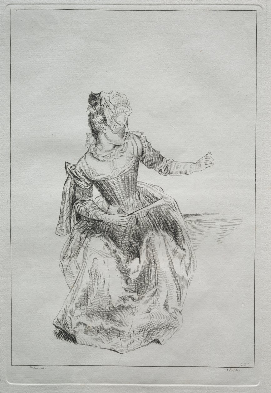Donna con ventaglio da possibly by Benoit II Audran
