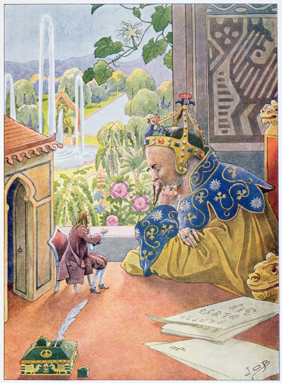 Gulliver descrive il sistema di governo in Inghilterra al Re di Brobdingnag, c.1900 da Jacques Marie Gaston Onfray de Breville (Job)