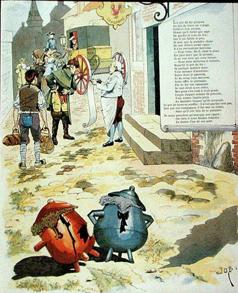 Illustrazione per La pentola di terracotta e la pentola di ferro, dalle Favole di Jean de La Fontaine da Onfray de Breville Job