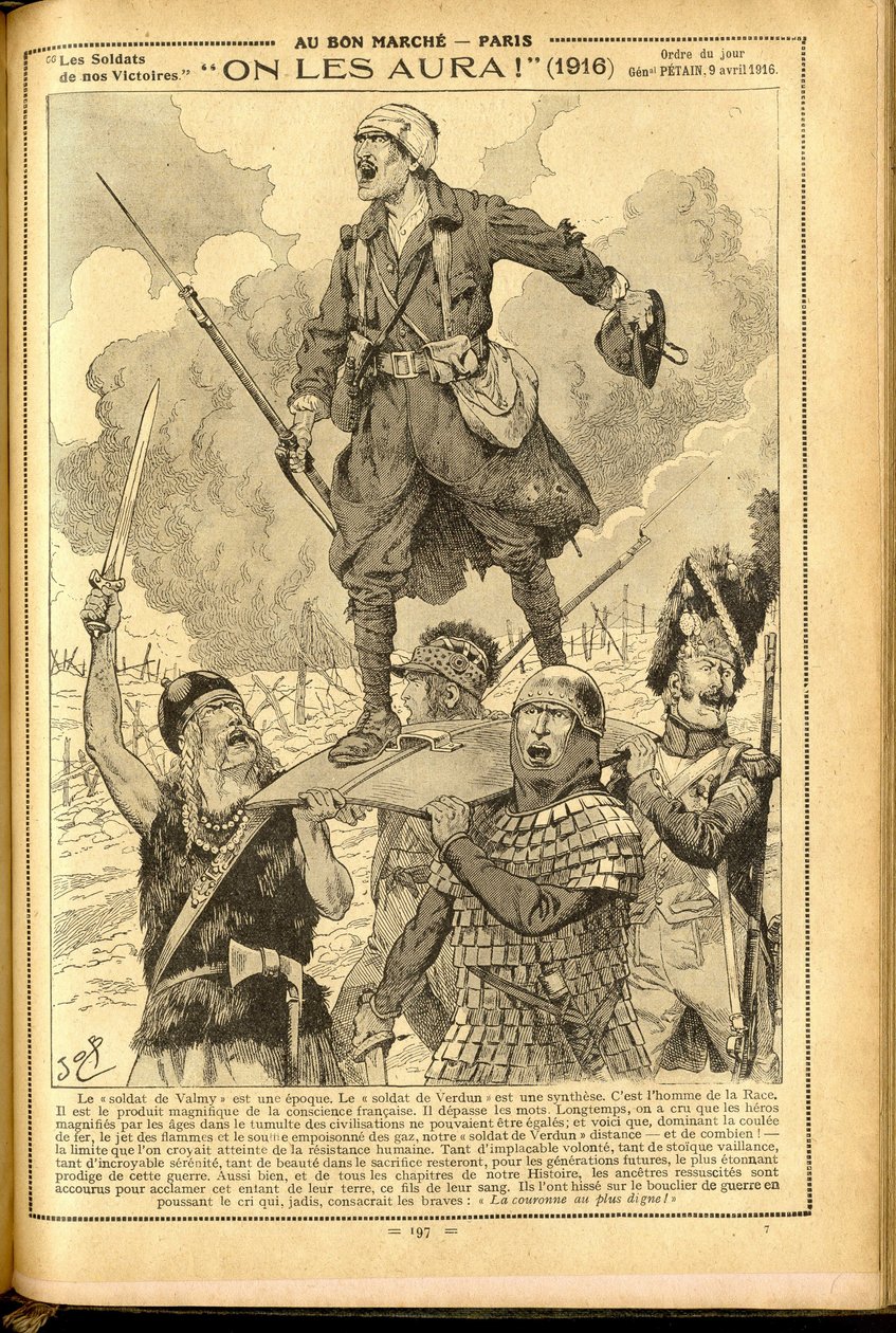 Agenda Buvard du Bon Marche 1917 - Illustrazione di Job (Jacques Marie (Jacques-Marie) Gaston Onfray e Breville) (1858-1931): Li avremo! 1916 - Guerra del 14-18, Medico, Medicina, Salute, Uniformi, Grandi Battaglie, Armature - Soldati, Galli - Storico M da pseudonym for Onfray de Breville Jacques Job