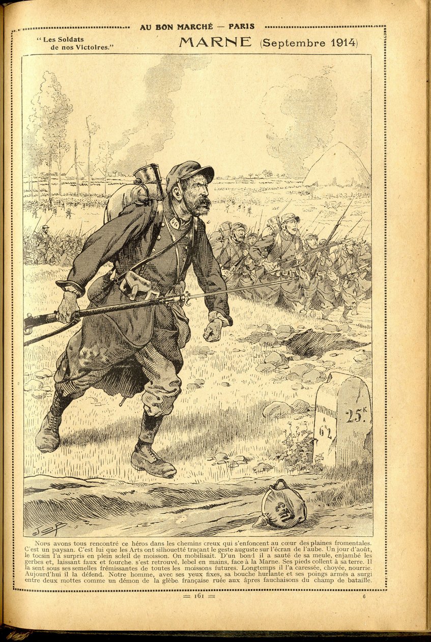 Agenda Buvard du Bon Marché 1917 - Illustrazione di Job: Marna settembre 1914 - Guerra del 14-18, Marna, Grandi Battaglie, Battaglia della Marna - Soldati da pseudonym for Onfray de Breville Jacques Job