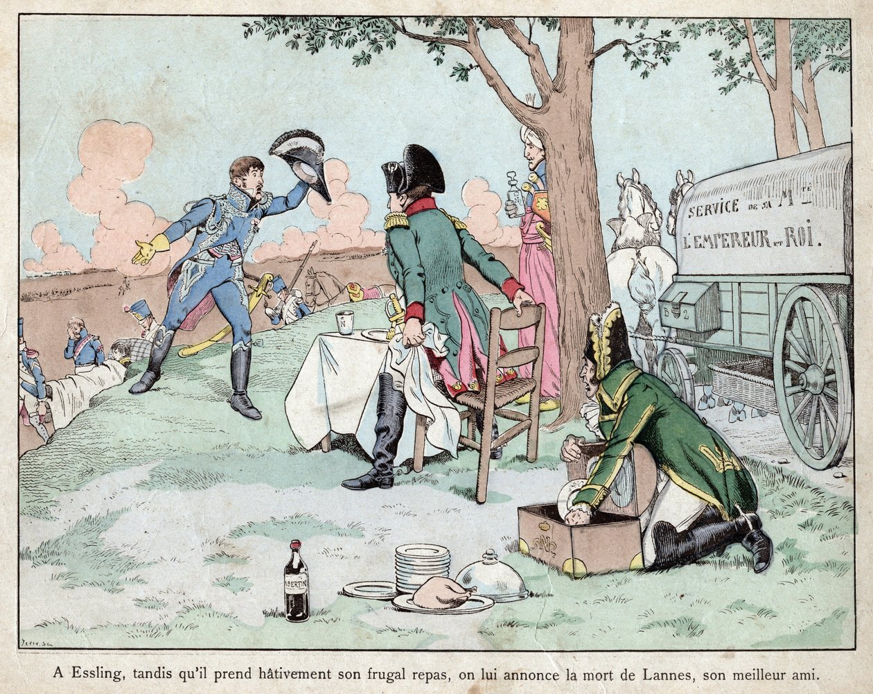 Battaglia di Aspern Essling - Napoleone riceve la notizia della morte del maresciallo Lannes 1809 - litografia di Job (Jacques Onfroy de Breville) da 