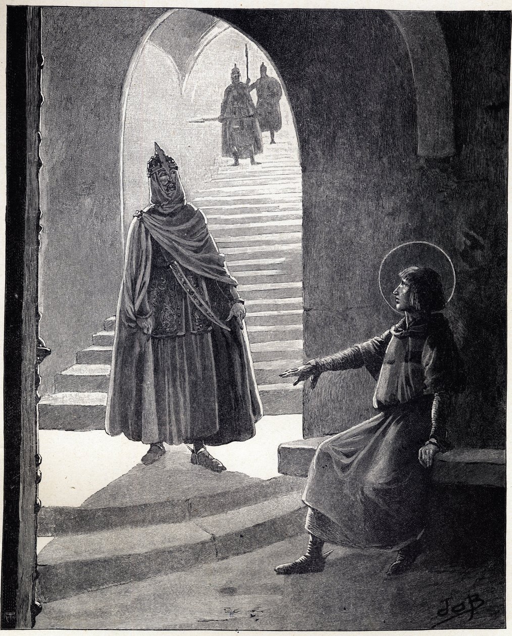 Sii cristiano, ti farò cavaliere. Parole di Luigi IX detto San Luigi a un capo saraceno che entrò in prigione per farsi cavaliere. Illustrazione di Job (Jacques Marie Gaston Onfray e Breville) per t da pseudonym for Onfray de Breville Jacques Job