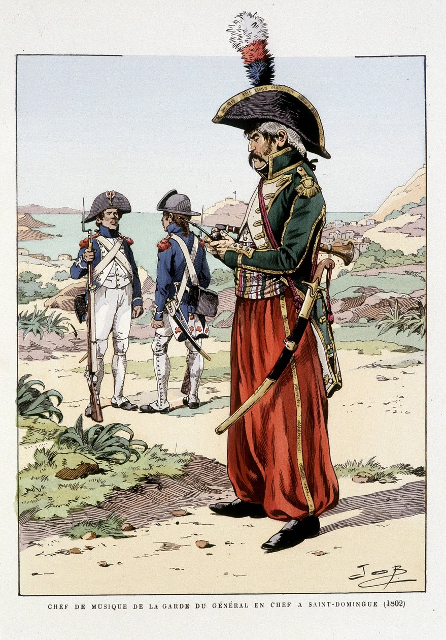 Chef de musique de la garde du général en chef a St Domingo en 1802 - in "Outfit des troupes de France: armee de terre et de mer a toutes les epoques", ill. di Job da pseudonym for Onfray de Breville Jacques Job