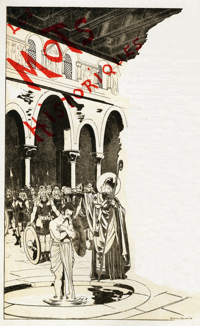 Piega la testa, fiero Sicambro, ama ciò che bruci, brucia ciò che ami. Parole di San Remigio, vescovo di Reims, quando battezzò il re dei Franchi Clodoveo I nella Cattedrale di Reims il 25 dicembre 496. Illustrazione di... da pseudonym for Onfray de Breville Jacques Job