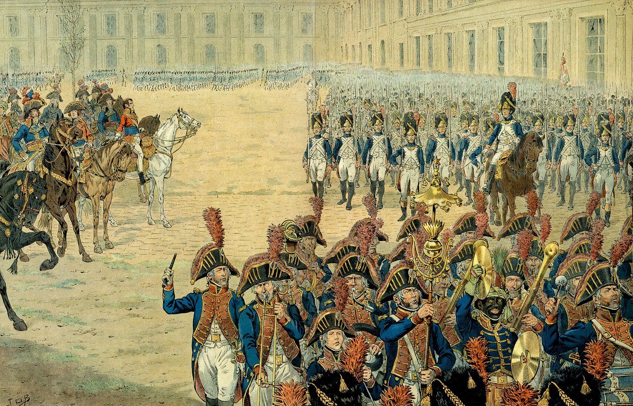 Prima rassegna della guardia consolare nel cortile delle Tuileries da parte di Napoleone I Bonaparte (1769-1821). Dopo l