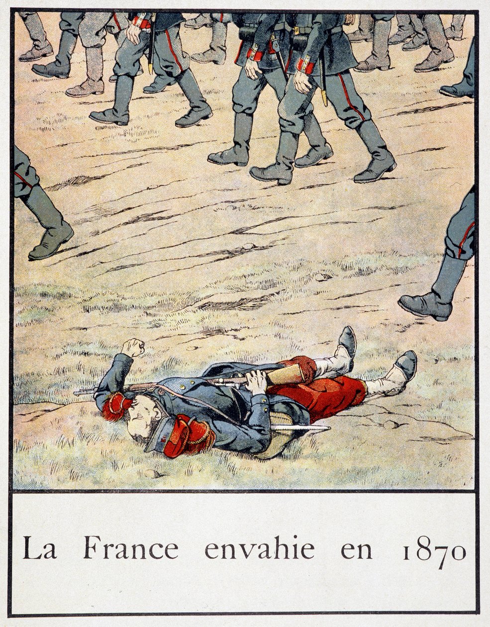 La Francia invasa nel 1870 (un soldato morto sul campo di battaglia) - in "Petite histoire de France" di Jacques Bainville, ed. Mane da pseudonym for Onfray de Breville Jacques Job