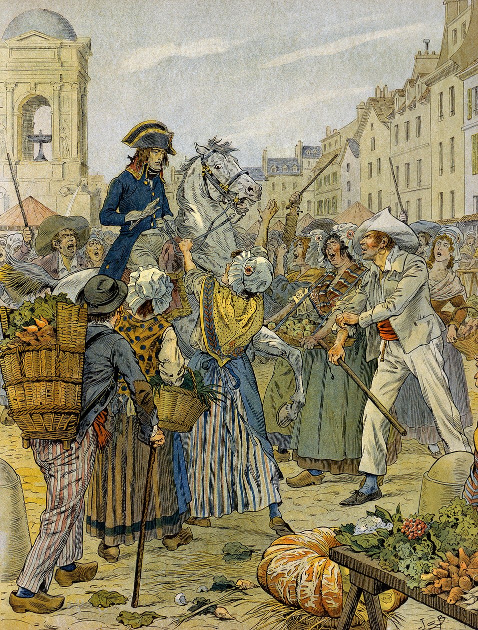 Rivoluzione francese 1789: Napoleone I Bonaparte (1769-1821) preso dalla popolazione rivoluzionaria e dai sanculotti a Les Halles. Illustrazione di Jacques Marie Gaston Onfray de Breville detto JOB (1858-1931). Collezione privata da pseudonym for Onfray de Breville Jacques Job