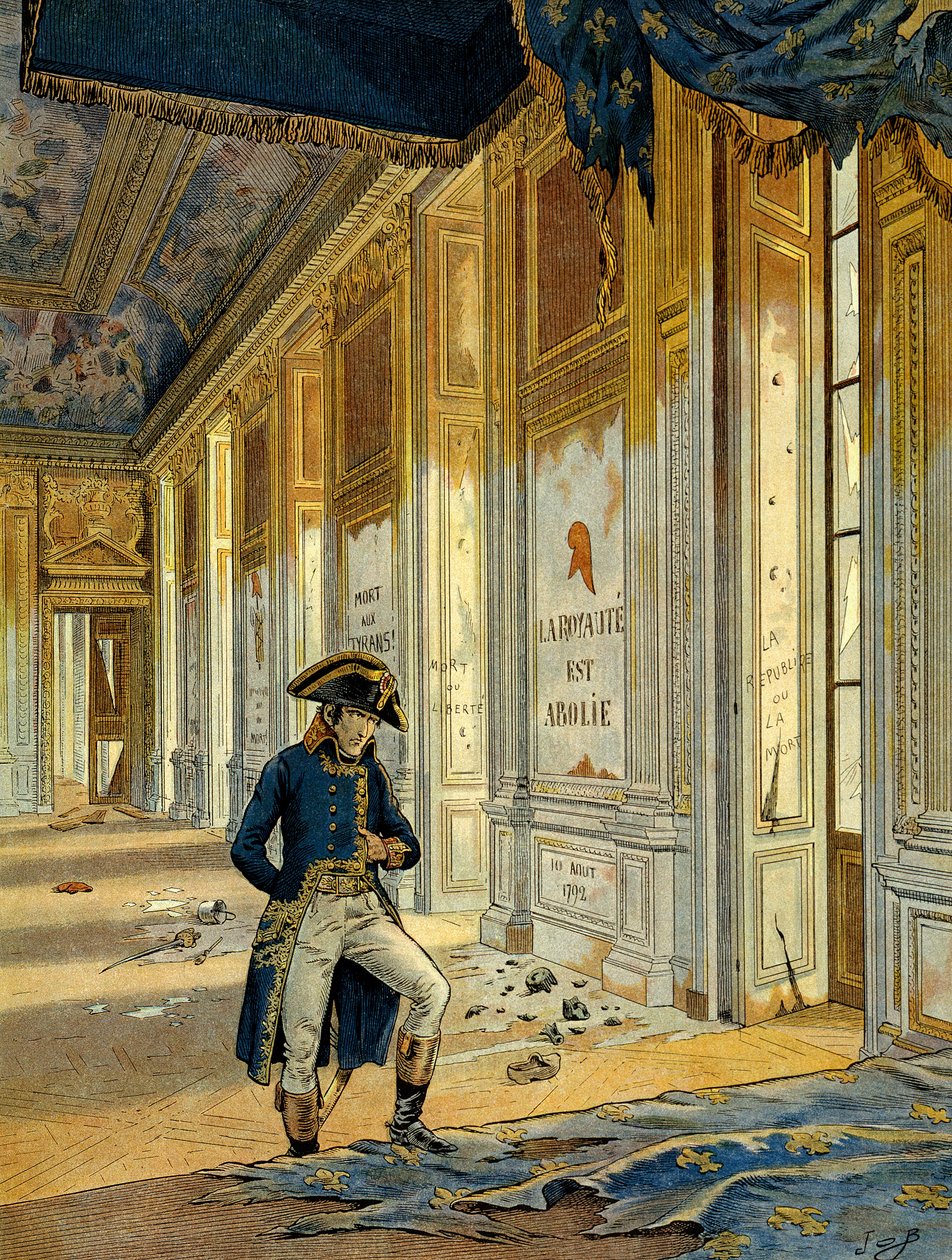 Rivoluzione Francese del 1789: Napoleone I Bonaparte nella Sala del Trono al Palazzo delle Tuileries dopo il passaggio dei rivoluzionari che saccheggiarono il luogo. Il muro recita: "Il regno è abolito." Illustrazione di Jacques Marie Gaston Onfray da pseudonym for Onfray de Breville Jacques Job