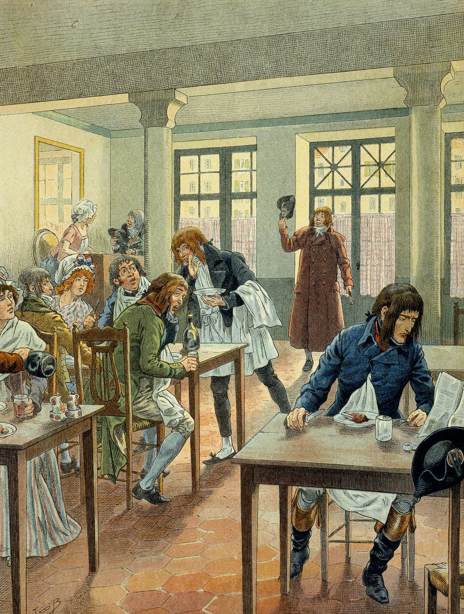 Rivoluzione francese del 1789: Napoleone I Bonaparte giovane al gargotier Justat, dalla rue des petits peres a Parigi, ridotto a un solo piatto che pagava 6 sous a porzione da pseudonym for Onfray de Breville Jacques Job