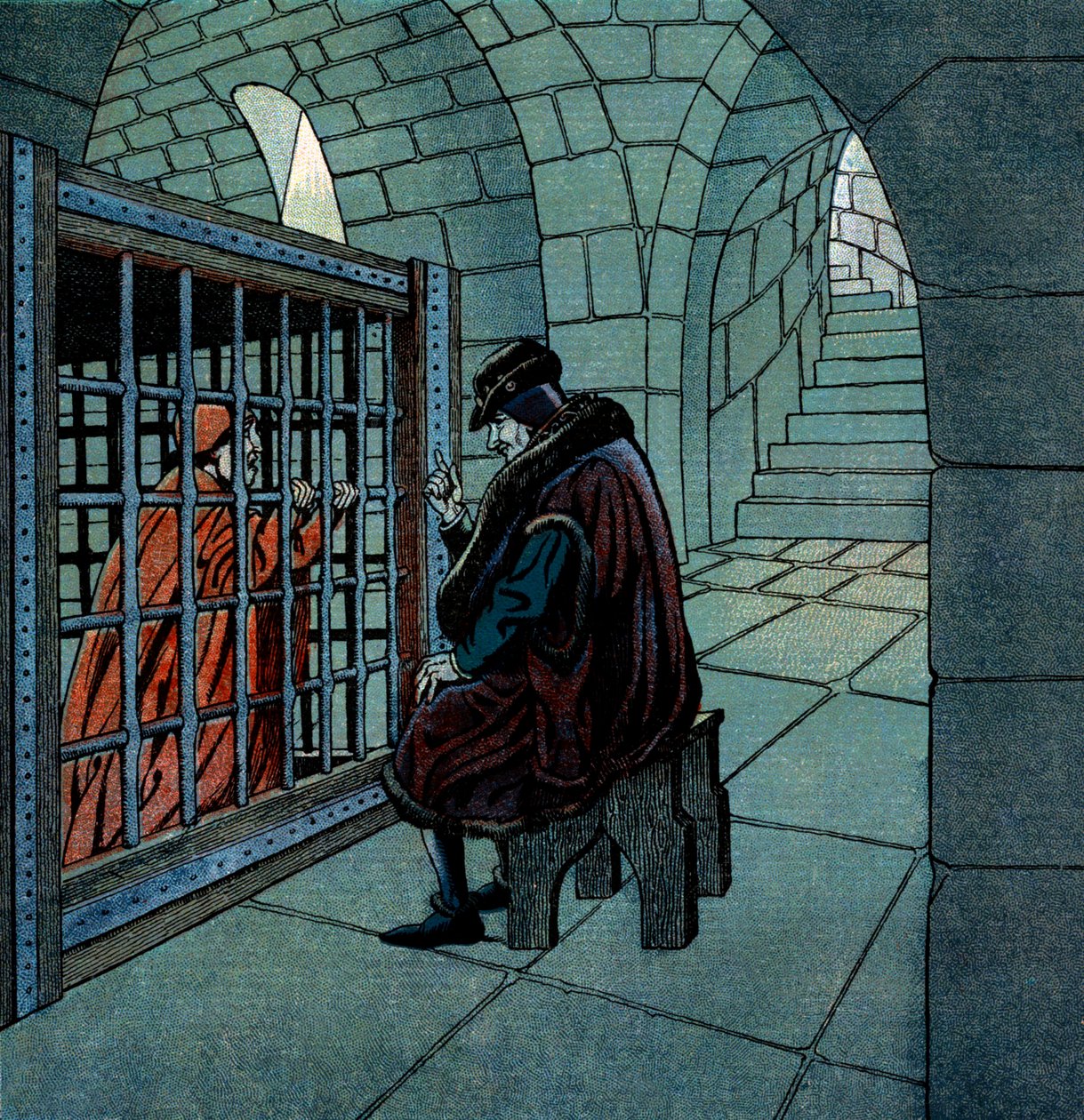 Il re francese Luigi XI visita il cardinale Jean de la Balue prigioniero in una gabbia nella prigione di Loche da pseudonym for Onfray de Breville Jacques Job
