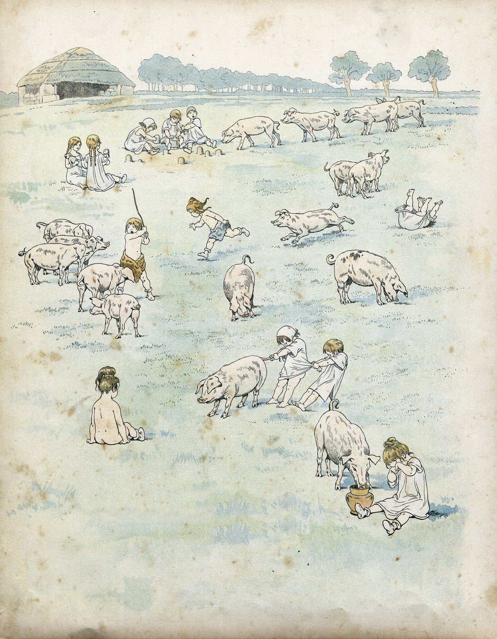 Bambini gallici che giocano con i maiali in un campo. in "France, his story told by G. Montorgueil, imagee by Job" 1896. Collezione privata da pseudonym for Onfray de Breville Jacques Job