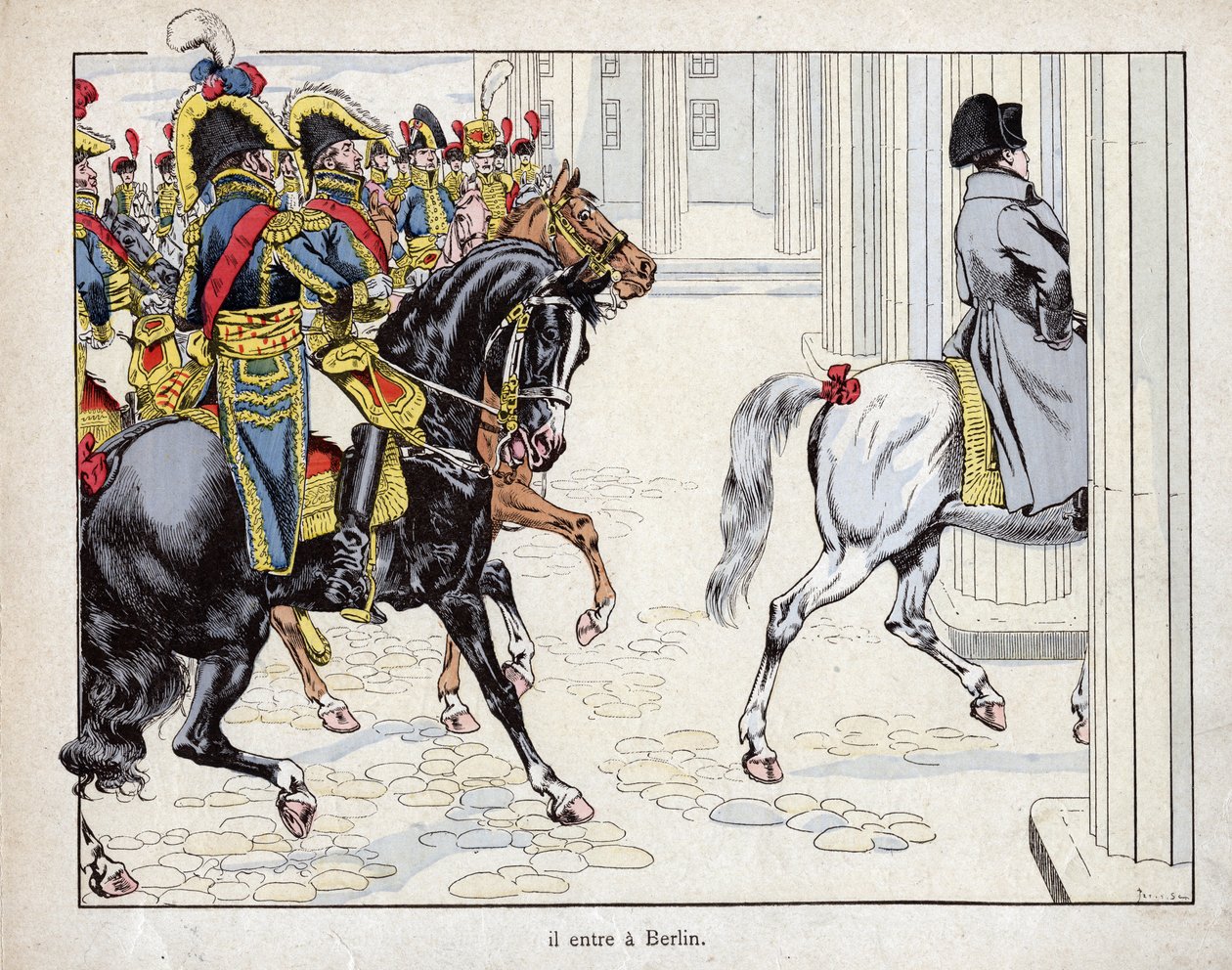 Entrata a Berlino - le truppe di Napoleone I entrano a Berlino - 1806 - litografia di Job (Jacques Onfroy de Bréville) da "Le Grand Napoléon des Petites Enfants" 1893 da pseudonym for Onfray de Breville Jacques Job