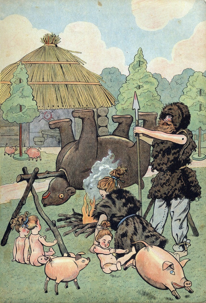 Storia della Francia. Scena della Gallia barbarica con giocattoli: un gallo e un gallo vestiti di pelle di bestia cucinano un orso per nutrire la loro famiglia. in 