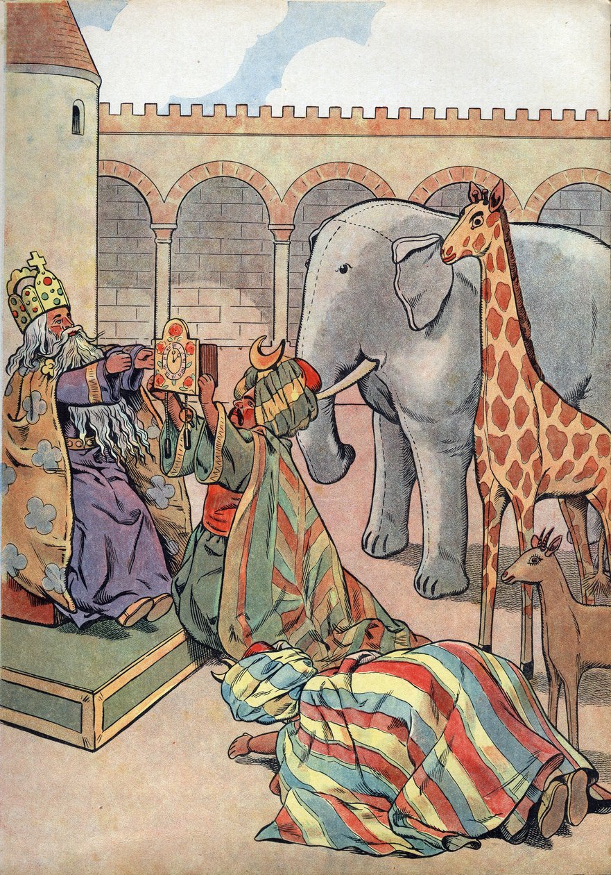 Storia di Francia. Scena della vita di Carlo Magno nei giocattoli: il califfo Haron Al Rashid dona al re di Francia Carlo Magno (742-814) una giraffa, un elefante e un orologio. In "Joujoux a l
