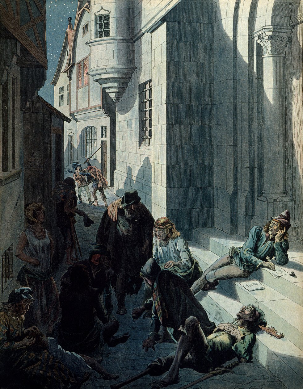 Storia della Francia nel Medioevo: Francois de Montcorbier noto come Francois Villon (1431-1463?), poeta, che compone le sue opere nella miseria delle strade di Parigi. Illustrazione di Jacques Marie Gaston Onfray de Breville dit JOB da pseudonym for Onfray de Breville Jacques Job