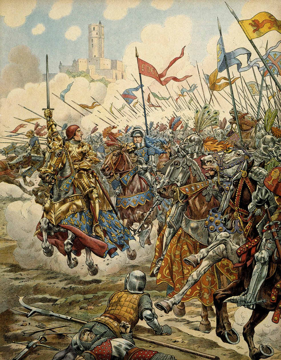 Storia della Francia nel Medioevo: re Luigi XI detto il Prudente (1423-1483) alla testa del suo esercito durante la battaglia di Montlhéry contro la Lega del Bene Pubblico, 16 luglio da pseudonym for Onfray de Breville Jacques Job