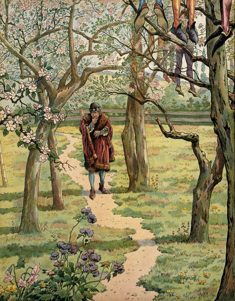 Storia della Francia nel Medioevo: Re Luigi XI detto il Prudente (1423-1483) nei giardini del castello di Plessis-les-Tours, Indre e Loira. Si vedevano persone impiccate agli alberi da pseudonym for Onfray de Breville Jacques Job