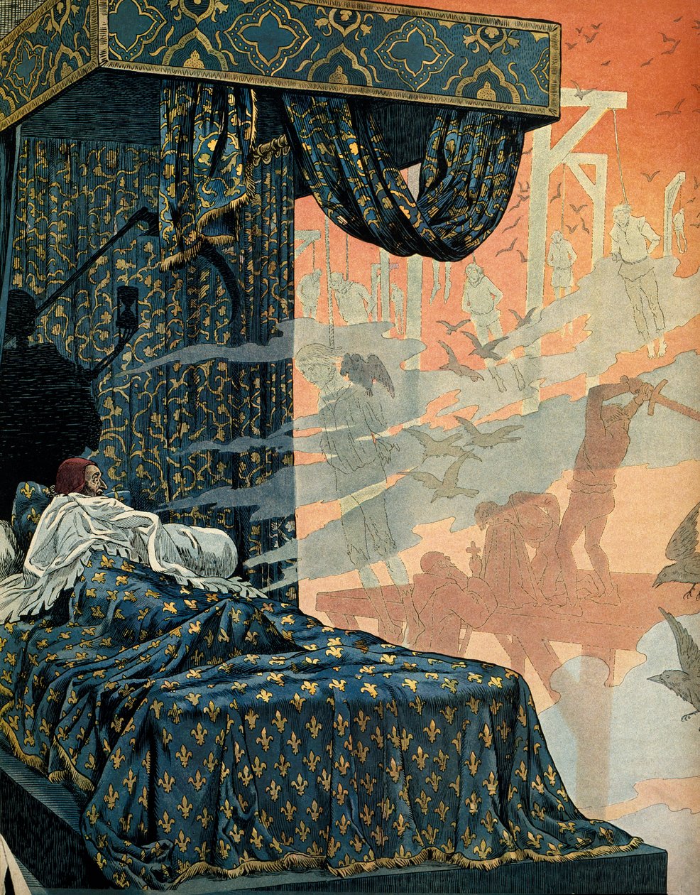 Storia della Francia nel Medioevo: il re di Francia Luigi XI detto il Prudente ebbe incubi ansiosi prima di morire. Illustrazione di Jacques Marie Gaston Onfray de Breville detto JOB da pseudonym for Onfray de Breville Jacques Job