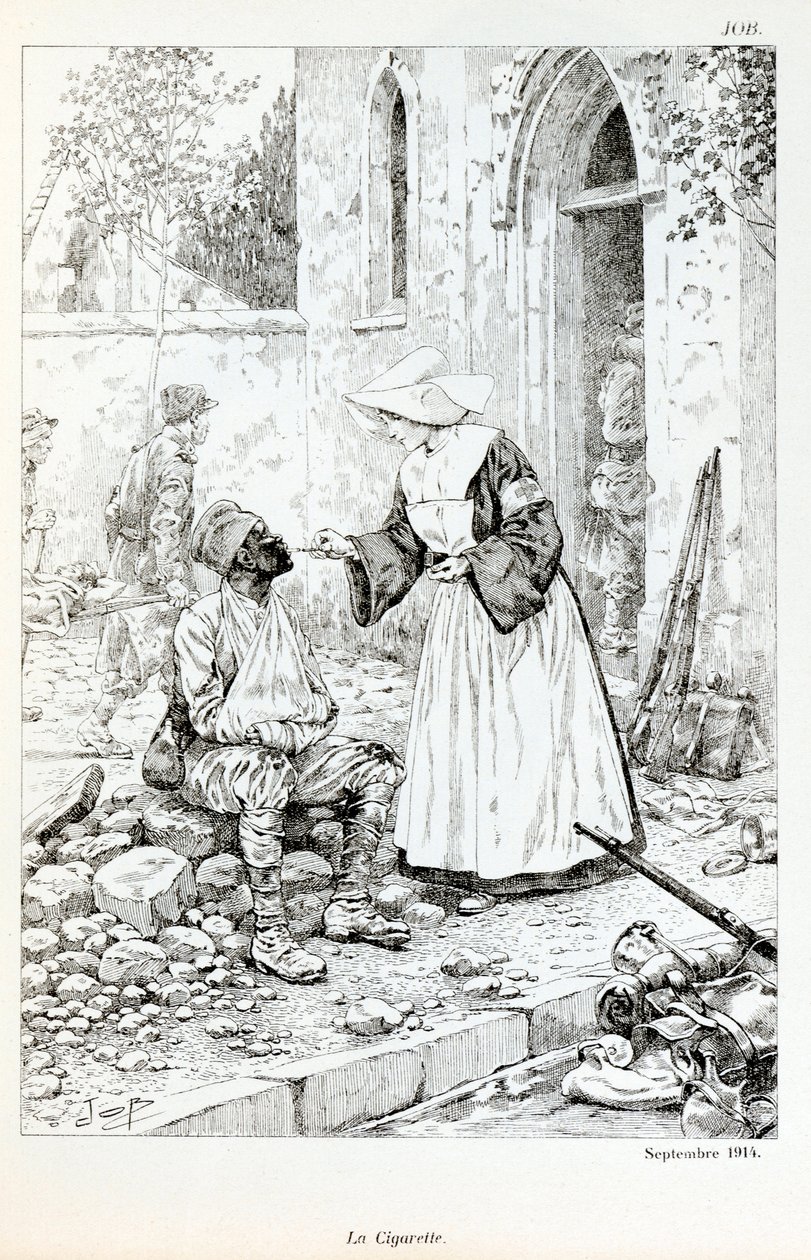 Illustrazione dal libro “La Grande Guerre par les artistes”: “La sigaretta settembre 1914” religioso che dà una sigaretta a un soldato ferito da pseudonym for Onfray de Breville Jacques Job
