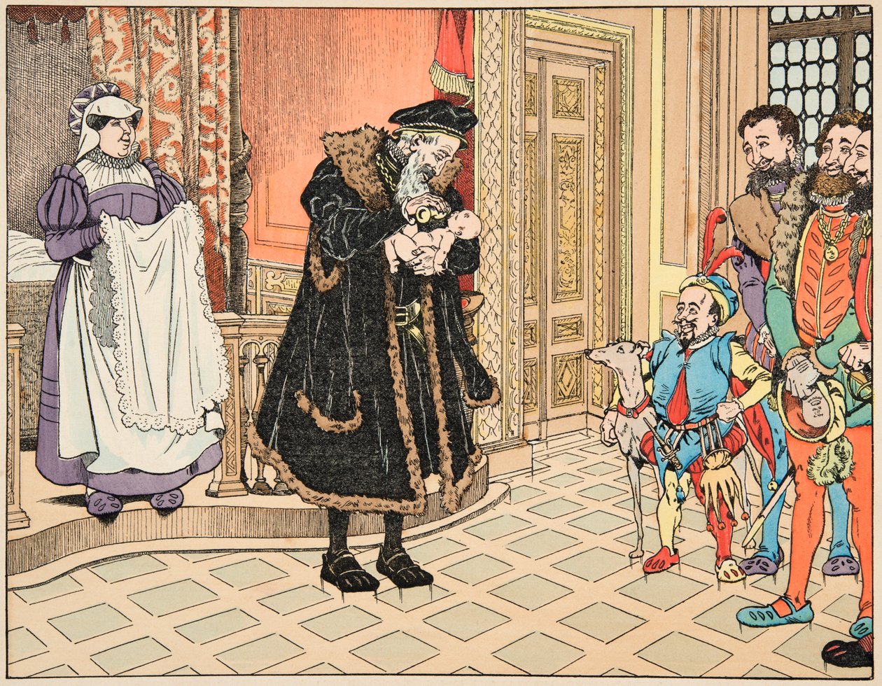 Illustrazione dal libro “Le bon roy Henri”, illustrato da Jacques Marie Gaston Onfray de Breville detto JOB: Nascita di Enrico IV, suo nonno, Enrico d