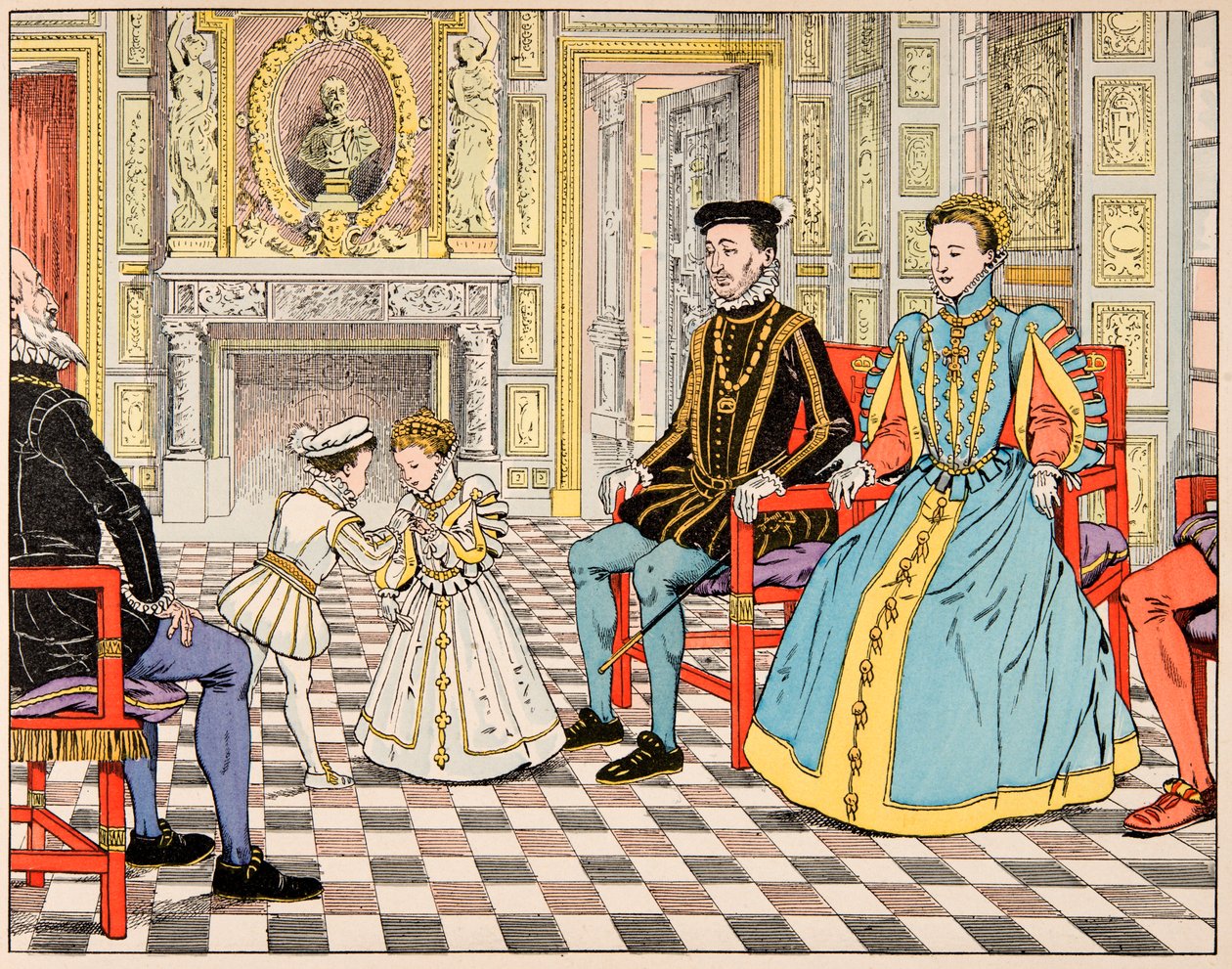 Illustrazione dal libro “Le bon roy Henri”, illustrato da Jacques Marie Gaston Onfray de Breville detto JOB: Antonio di Borbone lo portò a Parigi e lo presentò a suo cugino Enrico II, che gli offrì la mano di sua figlia Margherita da pseudonym for Onfray de Breville Jacques Job
