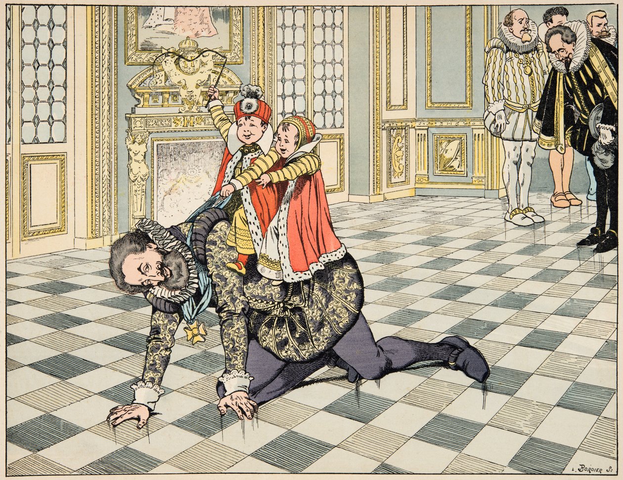 Illustrazione dal libro “Le bon roy Henri”, illustrato da Jacques Marie Gaston Onfray de Breville detto JOB: Davanti all