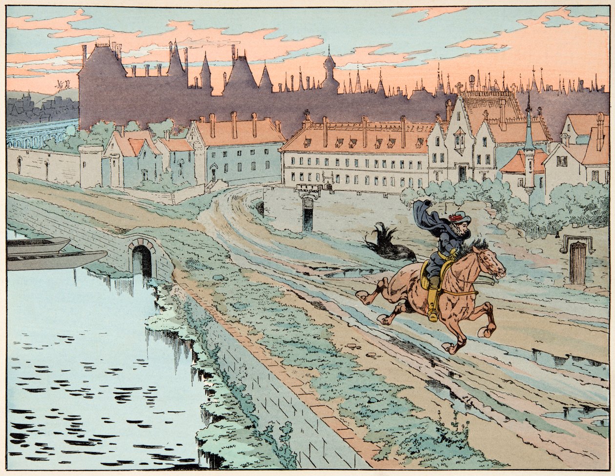 Illustrazione tratta dal libro "Le bon roy Henri", illustrata da Jacques Marie Gaston Onfray de Breville detto JOB (1858-1931): Nel 1575, Enrico IV fuggì da Parigi - Collezione privata da pseudonym for Onfray de Breville Jacques Job