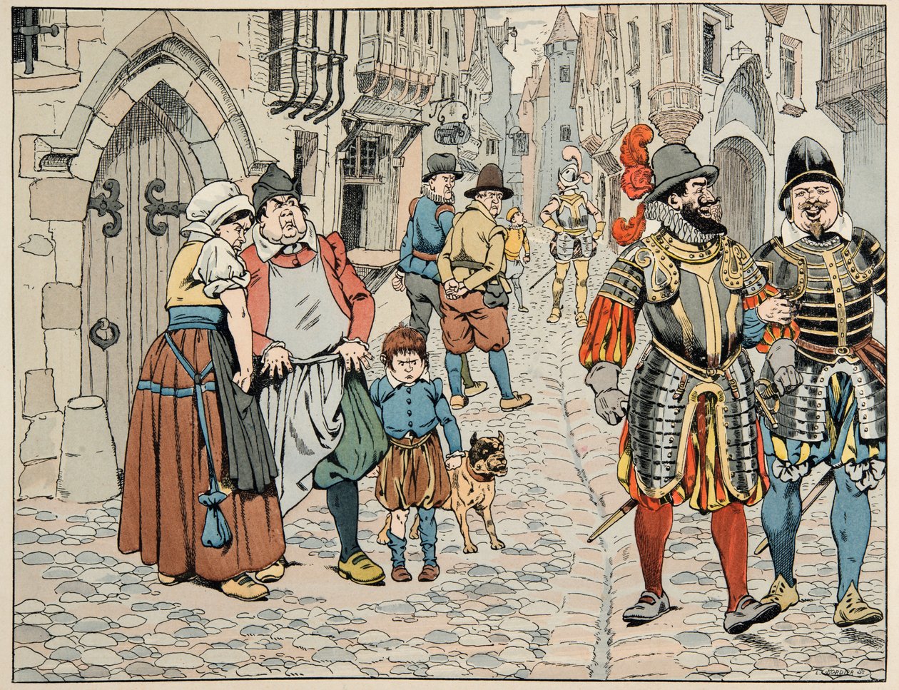Illustrazione tratta dal libro "Le bon roy Henri", illustrata da Jacques Marie Gaston Onfray de Breville detto JOB (1858-1931): I parigini vedono con cattivo occhio le truppe straniere venute ad aiutarli - Collezione privata da pseudonym for Onfray de Breville Jacques Job