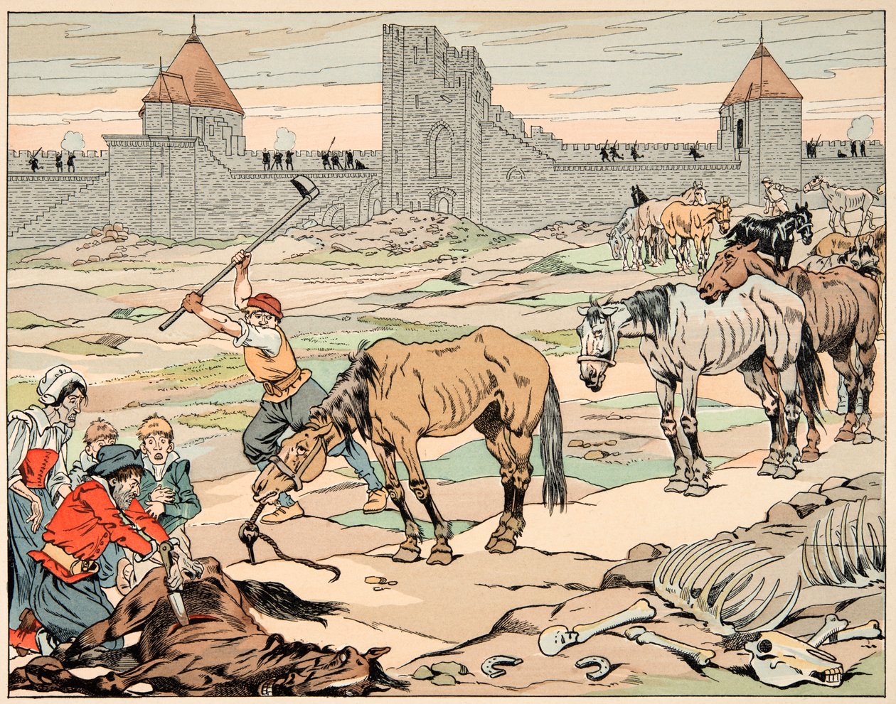Illustrazione tratta dal libro “Le bon roy Henri”, illustrata da Jacques Marie Gaston Onfray de Breville detto JOB (1858-1931): I parigini affamati macellano i loro cavalli - Collezione privata da pseudonym for Onfray de Breville Jacques Job