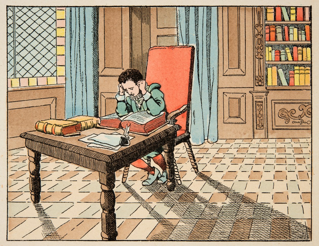 Illustrazione tratta dal libro "Le bon roy Henri", illustrata da Jacques Marie Gaston Onfray de Breville detto JOB (1858-1931): Educazione nel XVI secolo: lezione di classici - Collezione privata da pseudonym for Onfray de Breville Jacques Job