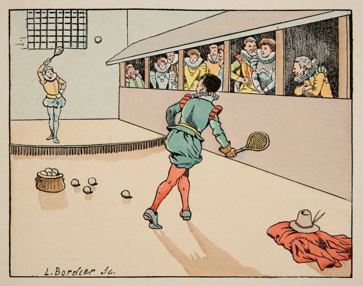 Illustrazione tratta dal libro "Le bon roy Henri", illustrata da Jacques Marie Gaston Onfray de Breville detto JOB (1858-1931): Educazione nel XVI secolo: gioco della palma - Collezione privata da pseudonym for Onfray de Breville Jacques Job