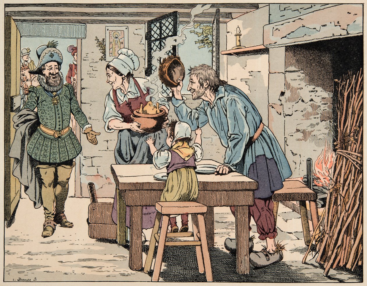 Illustrazione dal libro Le bon roy Henri, illustrato da Jacques Marie Gaston Onfray de Breville dit JOB: Enrico IV tra i contadini, a mangiare il pollo nella pentola da pseudonym for Onfray de Breville Jacques Job